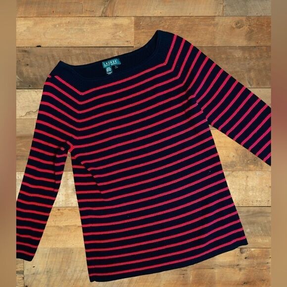 Lauren Ralph Lauren Women’s Size Large Navy & Red Striped Sweater • Relaxed Fit - Picture 8 of 16